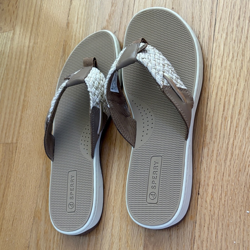 Sperry Braided Strap Flip Flops in Taupe and Cream